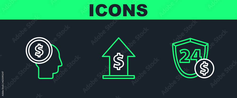 Set line Shield with dollar, Business man planning mind and Financial growth and coin icon. Vector Set line Shield with dollar, Business man planning mind and Financial growth and coin icon. Vector