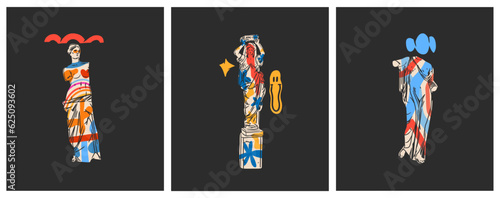Hand drawn vector abstract outline,graphic,contemporary art greek ancient sculpture statue line modern drawing.Antique classic statue in trendy graffity style,outline design concept.Sculpture art set.