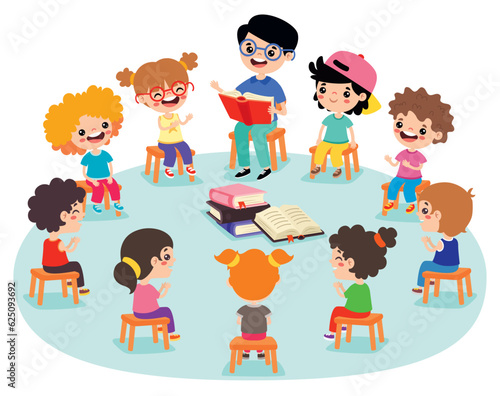 Kids Sitting In Circle And Reading Book