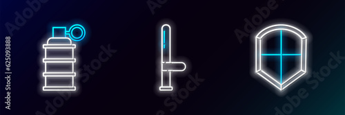 Set line Shield, Hand grenade and Police rubber baton icon. Glowing neon. Vector