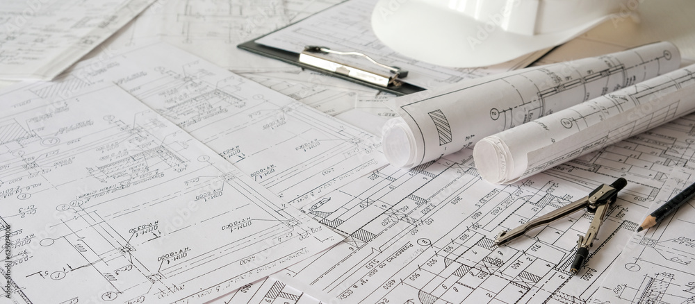 Fototapeta Architects concept,eco project house,Retrofit movement,engineer architect designer working drawing sketch plans blueprints and making construction eco model,architect project