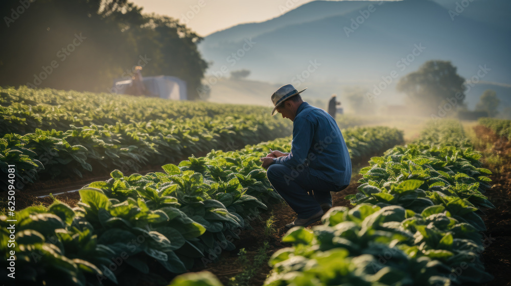 Fototapeta premium Farmers working in the morning at the vegetable garden in Chiang Mai, Thailand. Generative AI.