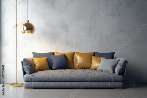 Modern living room interior, stylish light grey sofa, lots of cushion pillows, generative AI