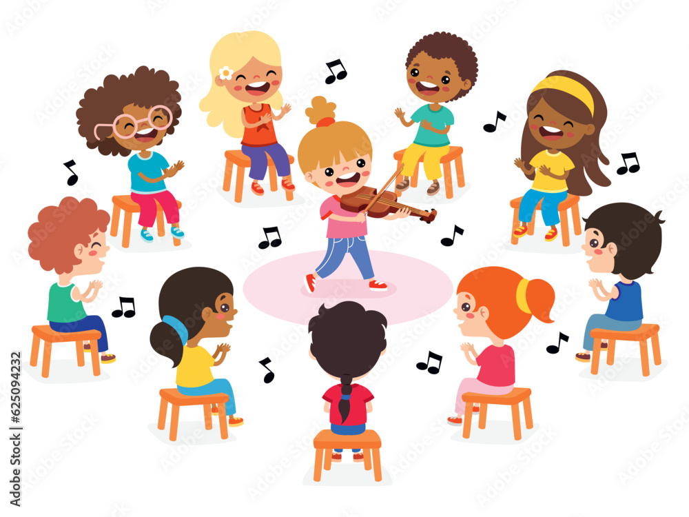 Kids Sitting In Circle And Listening Music
