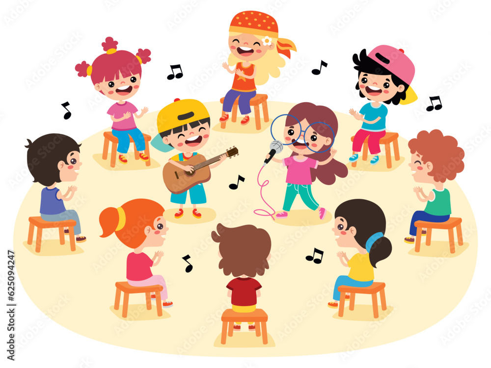 Kids Sitting In Circle And Listening Music