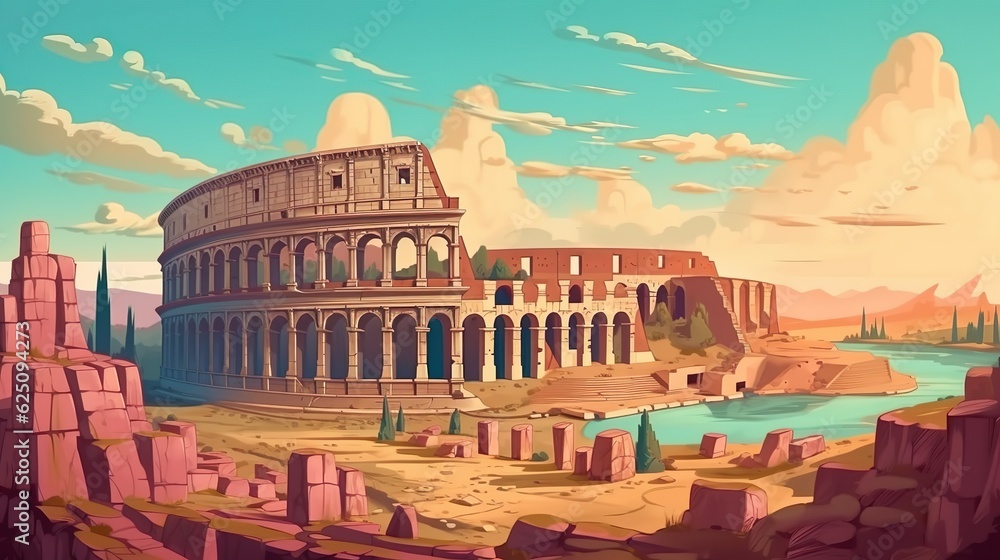 Abstract background ancient Rome. The stage for a historical journey with an illustration of an ancient Roman colosseum as your background. Generative AI.