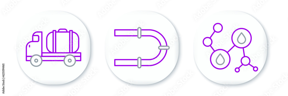 Set line Molecule oil, Tanker truck and Industry pipe icon. Vector Set line Molecule oil, Tanker truck and Industry pipe icon. Vector
