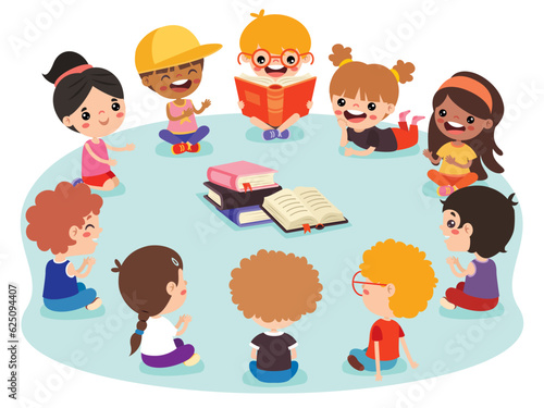 Kids Sitting In Circle And Reading Book