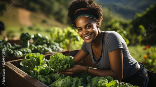 Portrait of smiling african american woman harvesting fresh lettuce in field. Generative AI.