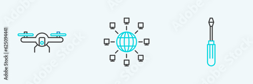 Set line Screwdriver, Drone flying and Social network icon. Vector