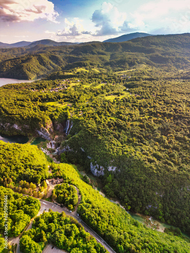 Aerial view of beautiful Plitvice Lakes and Forest, Croatia