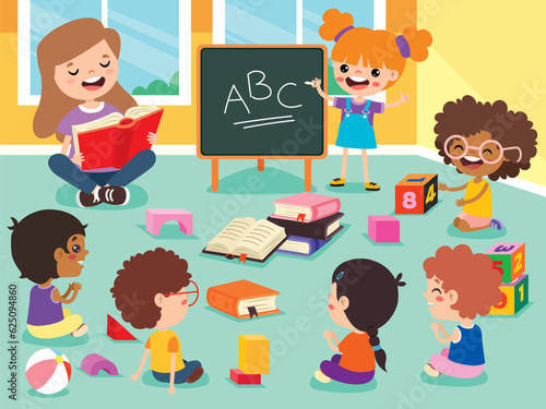 Kids And Teacher At Kindergarten