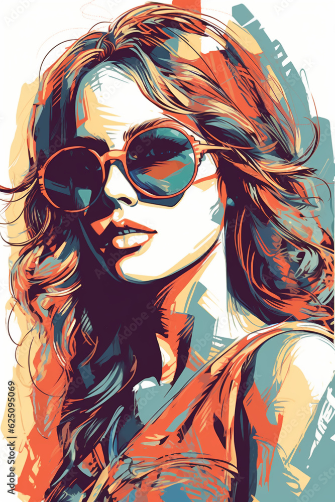 Naklejka premium Colorful portrait of a girl in fashionable sunglasses. Cool graffiti style print for t-shirts, mugs, covers, clothes