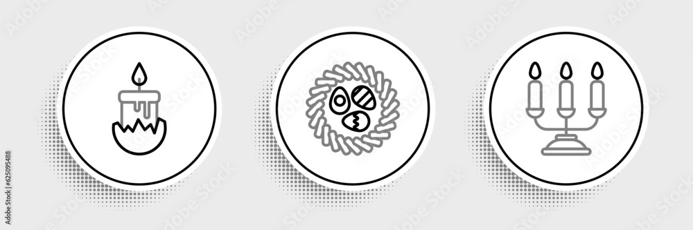 Set line Candelabrum with candlesticks, Burning and Easter egg wicker nest icon. Vector Set line Candelabrum with candlesticks, Burning and Easter egg wicker nest icon. Vector