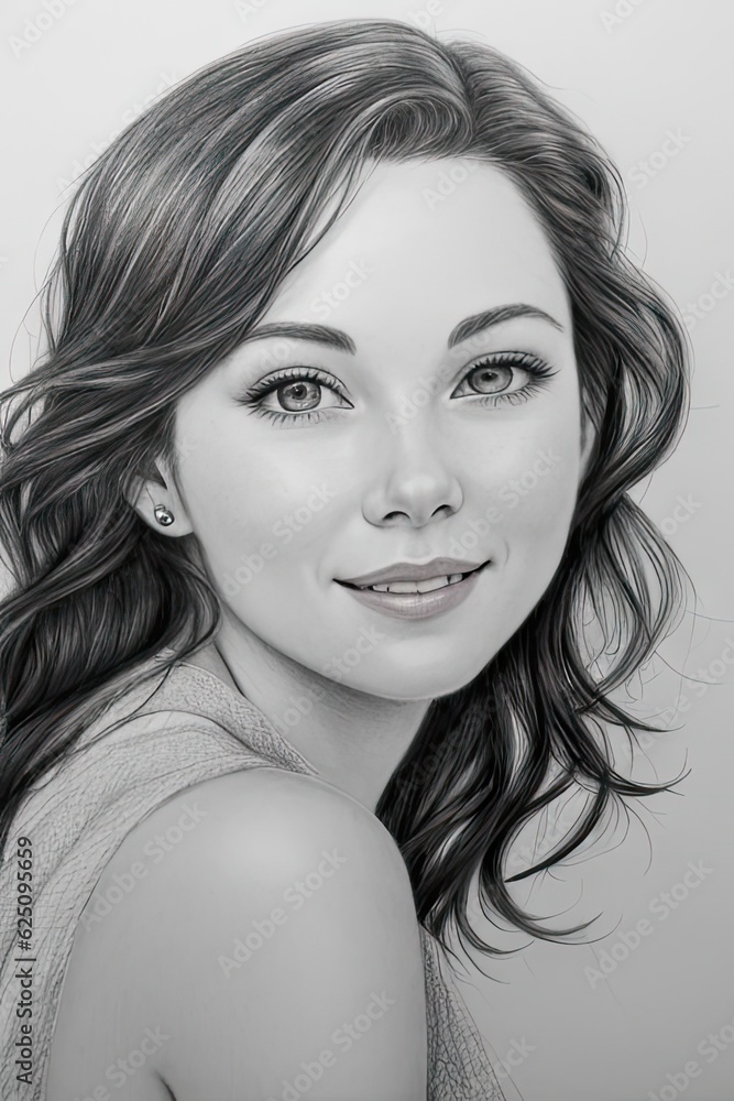 Naklejka premium Young beautiful woman, pencil sketch portrait. Generative AI
