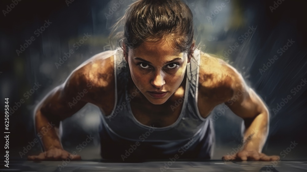 Push ups, workout and portrait of woman in gym for challenge, exercise and performance. Generative AI 4