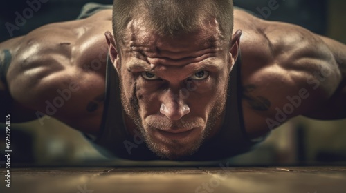 Push ups, workout and portrait of strong man in gym for challenge, exercise and performance. Generative AI 6