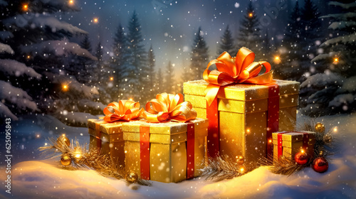 gold gift box tied with a bow with a Christmas present in winter snowy forest, made with Generative AI © edojob