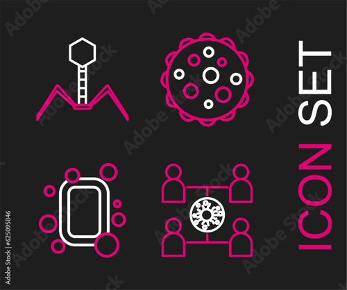 Set line Virus spread, Bar of soap, and Bacteria bacteriophage icon. Vector