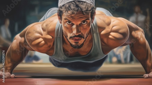 Push ups, workout and portrait of strong man in gym for challenge, exercise and performance. Generative AI 3