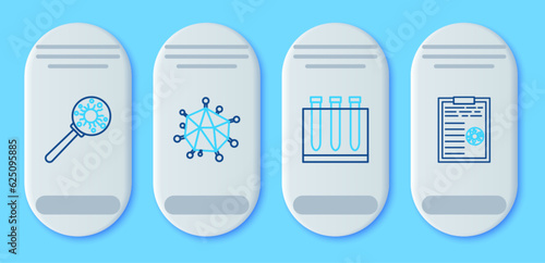 Set line Virus, Blood test and virus, under magnifying glass and Clipboard with blood results icon. Vector