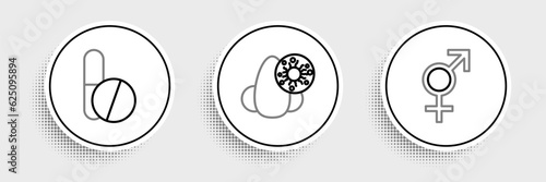 Set line Gender, Medicine pill or tablet and Runny nose and virus icon. Vector