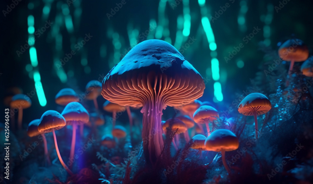 Psychedelic mushroom forest with a neon glow in a fantasy style Stock ...