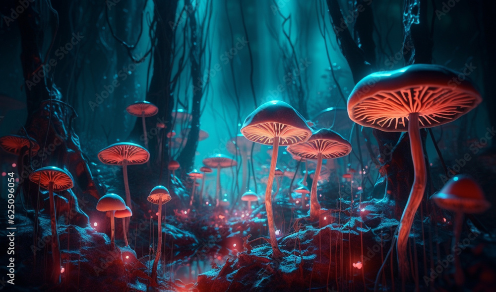 Psychedelic mushroom forest with a neon glow in a fantasy style Stock ...