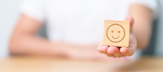 Woman show Happy Smile face block, Mental health Assessment, Psychology, Health Wellness, Feedback, Customer Review, Experience, Satisfaction Survey, Positive Thinking and World Mental Health day