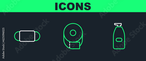 Set line Bottle of liquid antibacterial soap, Medical protective mask and Toilet paper roll icon. Vector