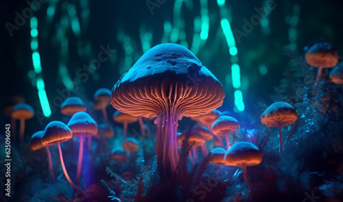 Psychedelic mushroom forest with a neon glow in a fantasy style 