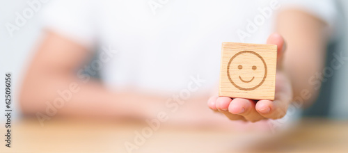 Leinwand Poster Woman show Happy Smile face block, Mental health Assessment, Psychology, Health