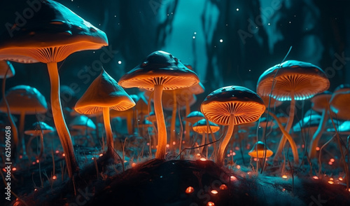 Psychedelic mushroom forest with a neon glow in a fantasy style 