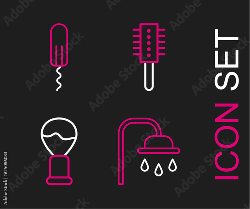 Set line Shower head, Shaving brush, Hairbrush and Sanitary tampon icon. Vector