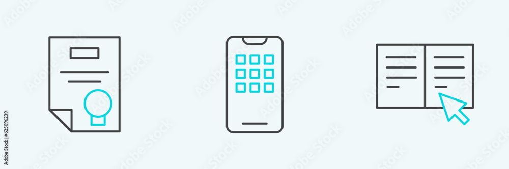 Set line Online book, Certificate template and Mobile phone icon. Vector Set line Online book, Certificate template and Mobile phone icon. Vector