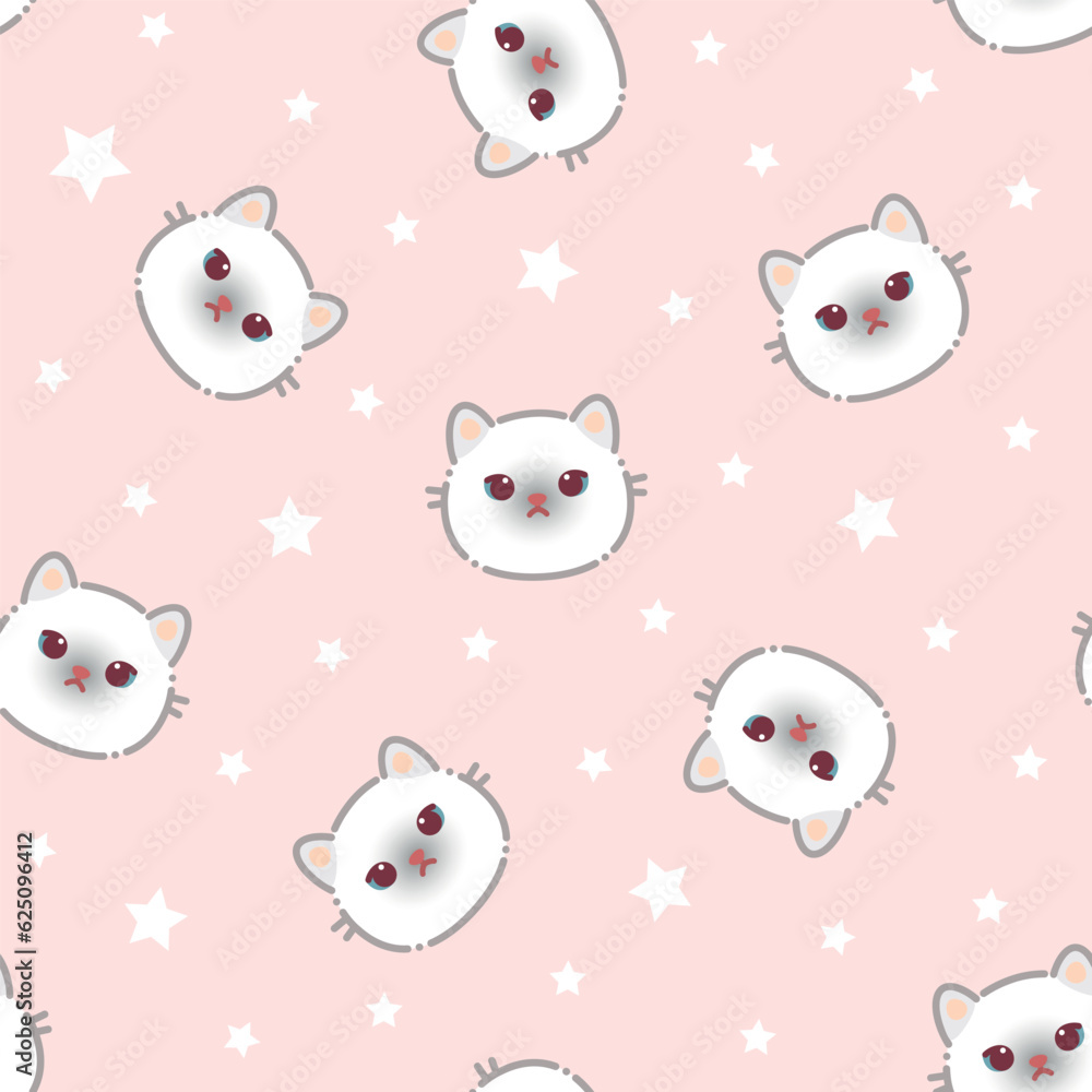 Seamless pattern of a cute cats and white stars. Vector illustration on a pink background. Cartoon style flat design. Concept for children print.