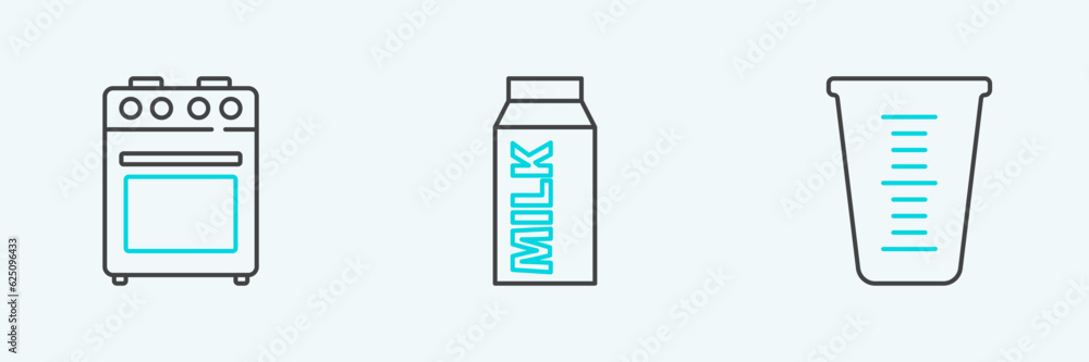 Set line Measuring cup, Oven and Paper package for milk icon. Vector Set line Measuring cup, Oven and Paper package for milk icon. Vector