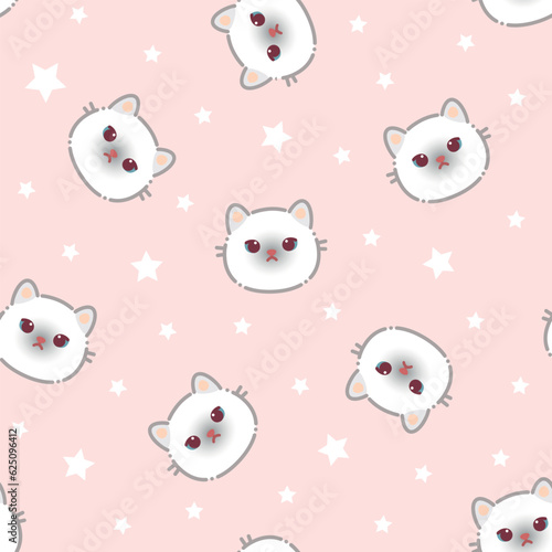 Seamless pattern of a cute cats and white stars. Vector illustration on a pink background. Cartoon style flat design. Concept for children print.