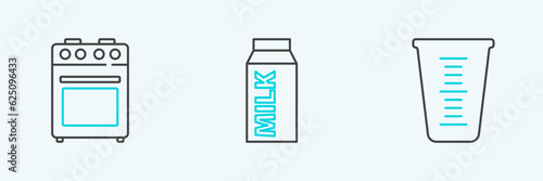 Set line Measuring cup, Oven and Paper package for milk icon. Vector