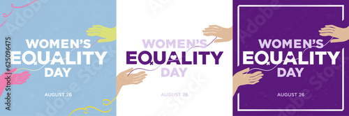 
Set of Women's Equality Day Greeting cards and typographic art. Editable Vector Illustration. EPS 10. Celebrated on August 26. Human hand with intertwined ribbon forming a heart. Different colored