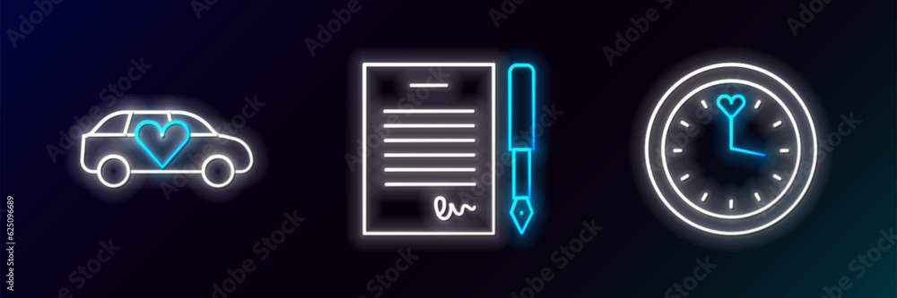 Set line Clock, Limousine car and Marriage contract icon. Glowing neon. Vector Set line Clock, Limousine car and Marriage contract icon. Glowing neon. Vector