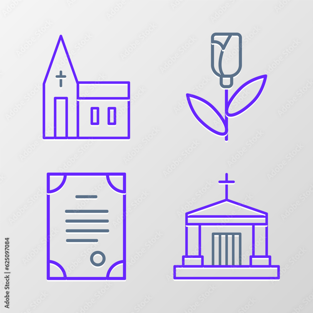 Set line Old crypt, Death certificate, Flower rose and Church building icon. Vector