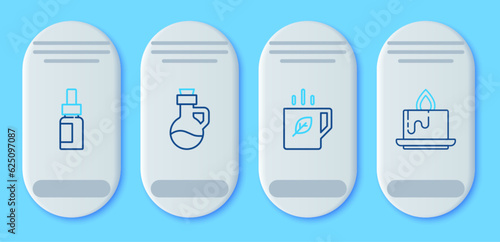 Set line Essential oil bottle, Cup of tea and leaf, and Aroma candle icon. Vector
