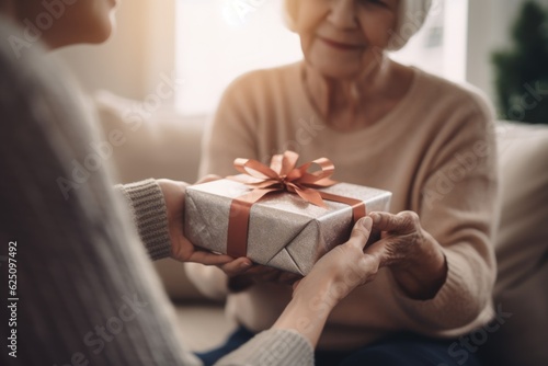 Close up hands daughter presenting a carefully wrapped gift to her elderly mother in a cozy living room. Mother's Day. Generative AI