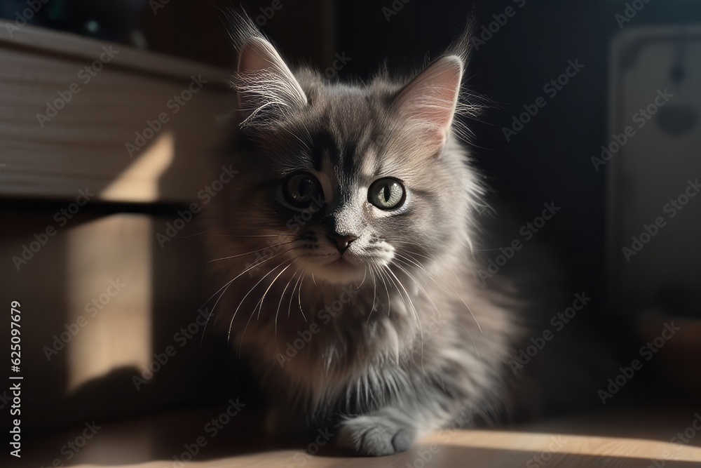 Cute grey little fluffy kitten looks to the camera. Close-up.