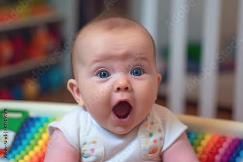 Developmental milestones. An infant babbling and making cooing sounds, developing communication skills. Cheerful atmosphere. Generative AI