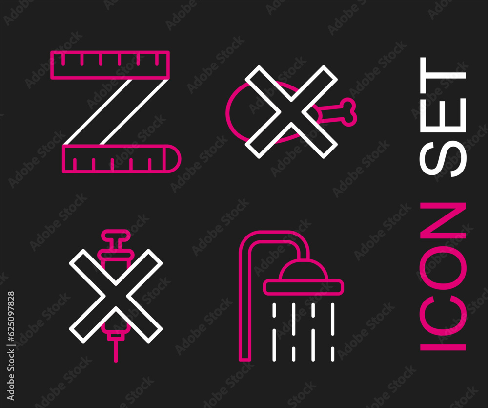 Set line Shower head, No doping syringe, meat and Tape measure icon. Vector Set line Shower head, No doping syringe, meat and Tape measure icon. Vector