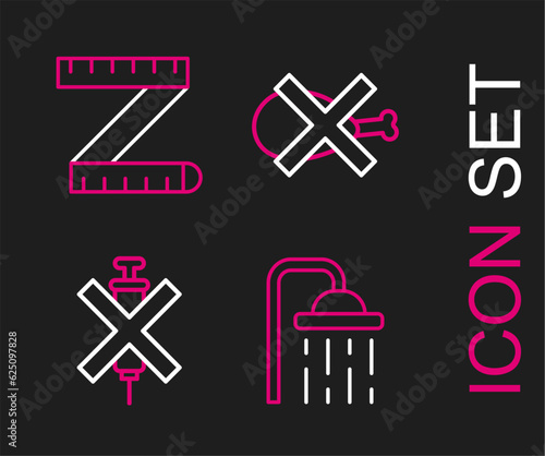 Set line Shower head, No doping syringe, meat and Tape measure icon. Vector