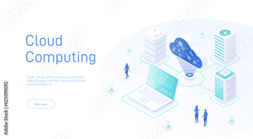 Cloud computing isometric. Cloud database. Big data flow processing concept. Cloud Technology illustration. Cloud computing technology users network configuration isometric advertisement poster.