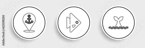 Set line Whale tail in ocean wave, Location with anchor and Fish icon. Vector